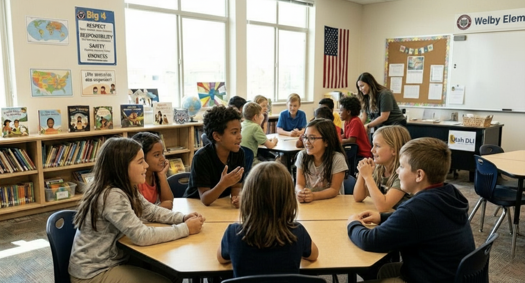 Students working together in a classroom.