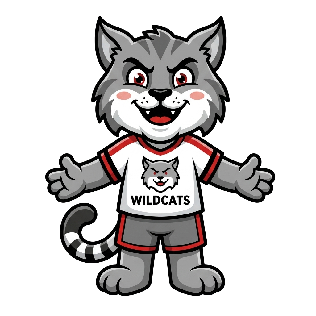 An image of a cartoon wildcat representing Welby Elementary and wearing a Tshirt that says "Wildcats."