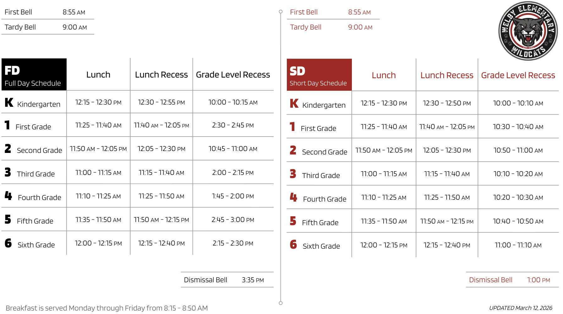 The image depicts the daily bell schedule for Welby Elementary School.