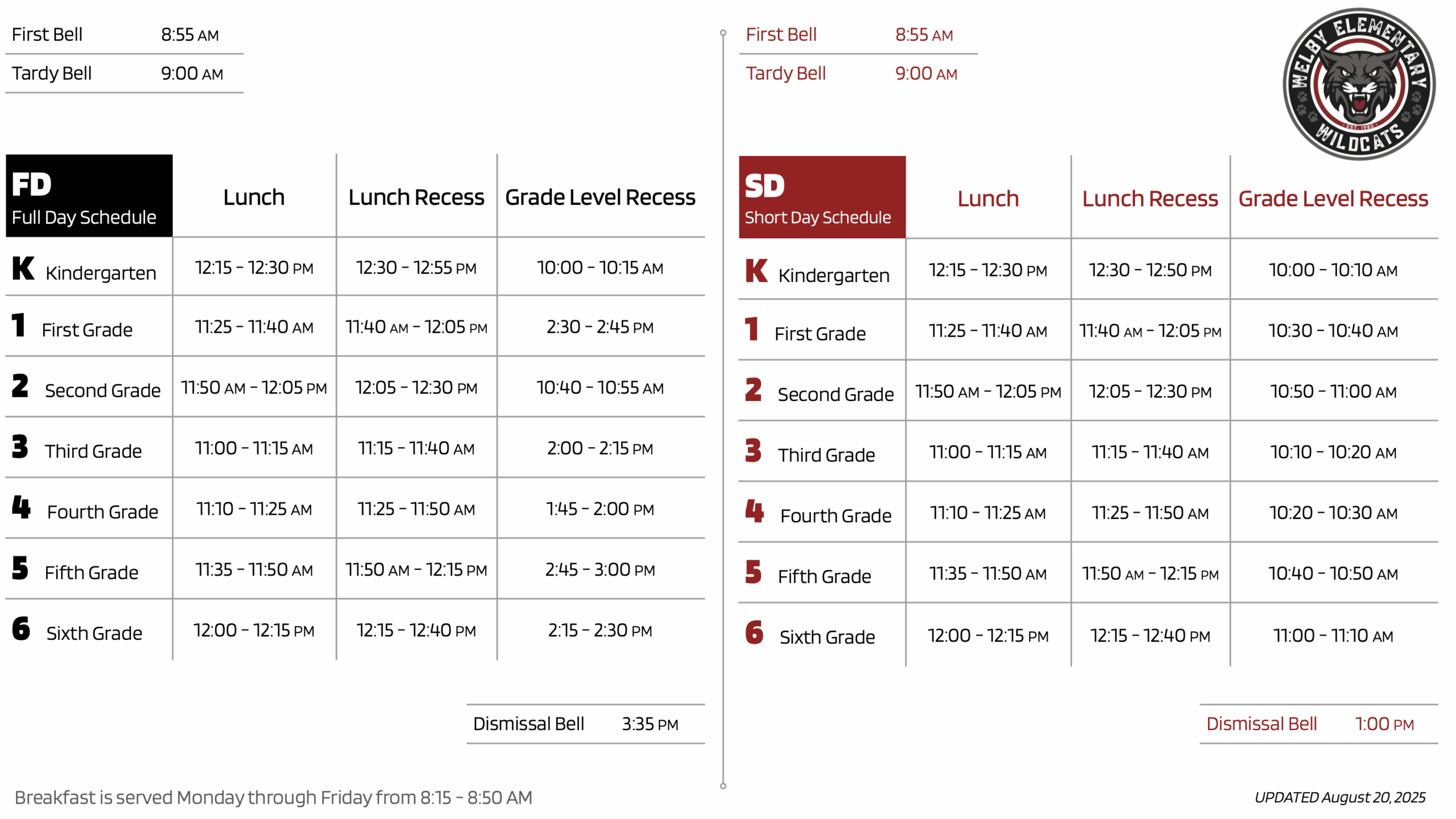 Daily schedule for Welby Elementary School.